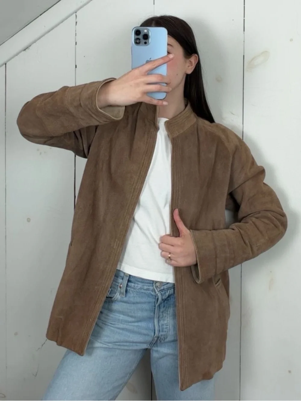 Vintage Lesoleil Suede Leather Open Front Jacket Women’s Small High Collar 90s